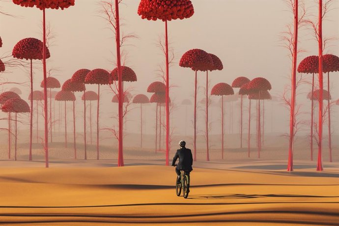 Archivo - Hombre de negocios en bicicleta en un extraño paisaje surrealista. Imaginación