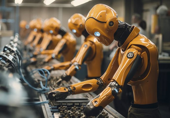 Robots generados por IA en una cadena de montaje de una fábrica.