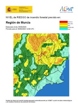 Nivel de riesgo de incendio forestal previsto por la Aemet para este viernes, 6 de junio