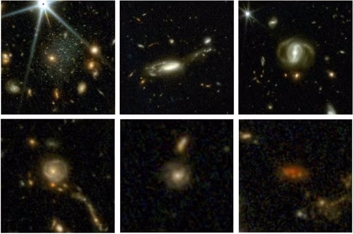 Seis imágenes de galaxias tomadas hace casi 800.000 años, de arriba a la izquierda a abajo a la derecha: el universo actual y hace 3, 4, 8, 9 y 10 mil millones de años.
