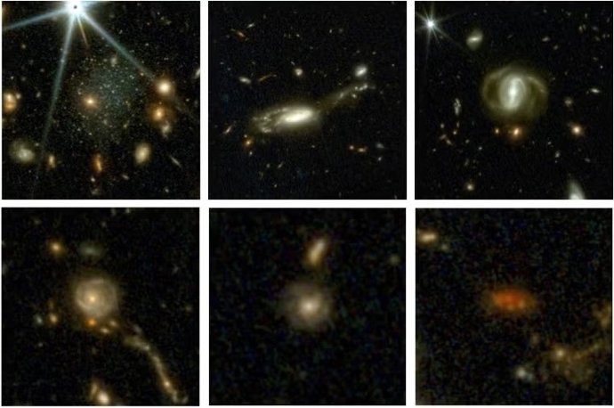 Seis imagens de galáxias tiradas há quase 800.000 anos, do alto à esquerda para baixo à direita: o universo atual e 3, 4, 8, 8, 9 e 10 bilhões de anos atrás.