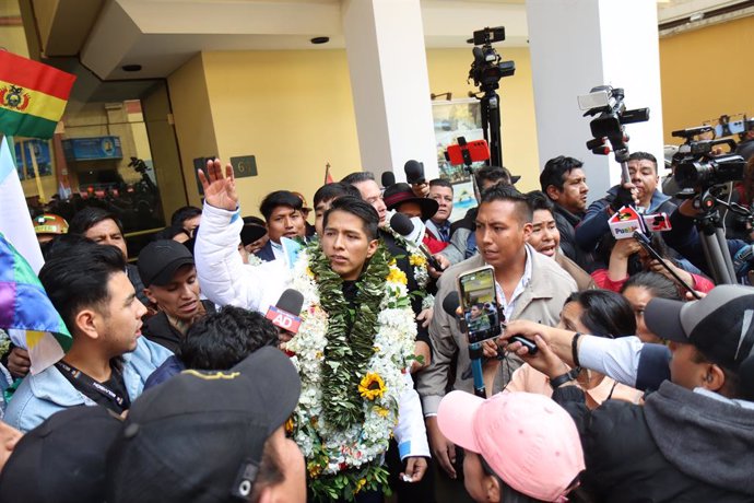 May 19, 2025, La Paz, La Paz, Bolivia: Andronico Rodriguez, presidential candidate and current president of the Senate, during the launch of his ticket in La Paz.
