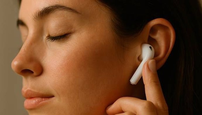 Mujer usando auriculares.