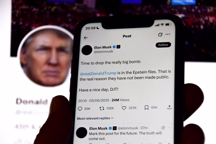 June 5, 2025, London, England, United Kingdom: Elon Musk has revelaled on his social media platform X, formerly Twitter, that 'Donald Trump is in the Epstein Files. That is the real reason they have not been made public,' as their public spat intensifies.