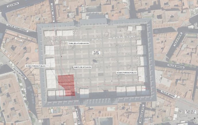 Ámbito de actuación de la intervención en la Plaza Mayor, Madrid.