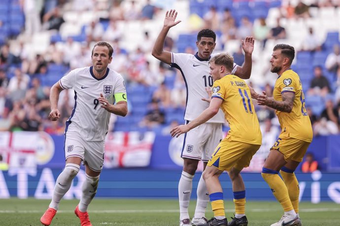 Harry Kane, Jude Bellingham of England and Pau Babot of Andorra fight for the ball during the UEFA European Qualifiers Grp K MD3, match between Andorra and England at RCDE Stadium on June 07, 2025 in Cornella, Barcelona, Spain.
