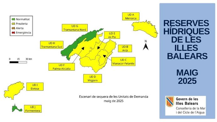 Mapa de las reservas hídricas de Baleares en mayo de 2025