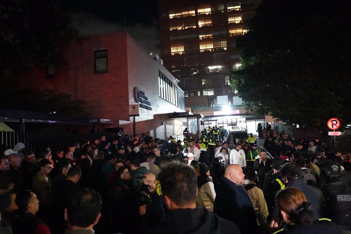 BOGOTA, June 8, 2025  -- People gather outside the hospital where Colombian presidential candidate Miguel Uribe Turbay is being treated after the attack, in Bogota, Colombia, June 7, 2025. Colombian senator Miguel Uribe Turbay, who is running for the pres