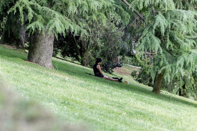 Una persona sentada a la sombra en un parque, a 31 de mayo de 2025, en Madrid (España).