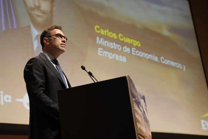 El ministro de Economía, Comercio y Empresa Carlos Cuerpo, interviene en la jornada 'Extremadura, tierra de oportunidades'