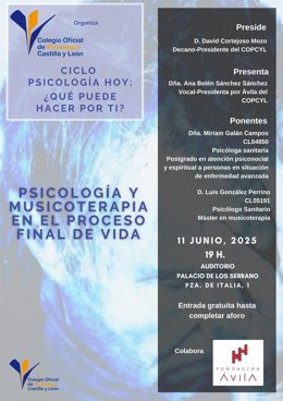 Cartel de la charla 'Psicología y musicoterapia en el proceso final de la vida'