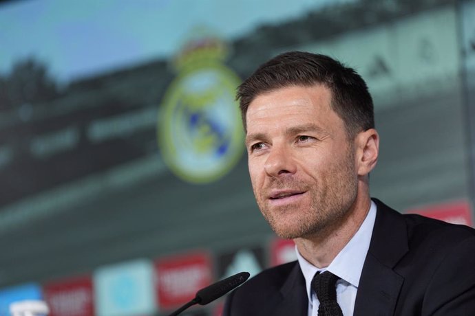Xabi Alonso attends the press conference during his presentation as new head coach of Real Madrid at Ciudad Deportiva Real Madrid on May 26, 2025, in Valdebebas, Madrid, Spain.