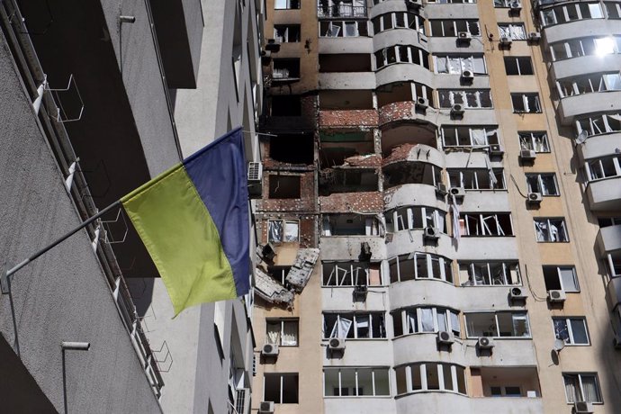 June 6, 2025, Kyiv, Ukraine: A residential building stands damaged with traces of fire burnt after Russian drone and missile attack. According to President Zelenskyi, Russian army launched more than 400 drones and 40 missiles into Ukraine last night. In a