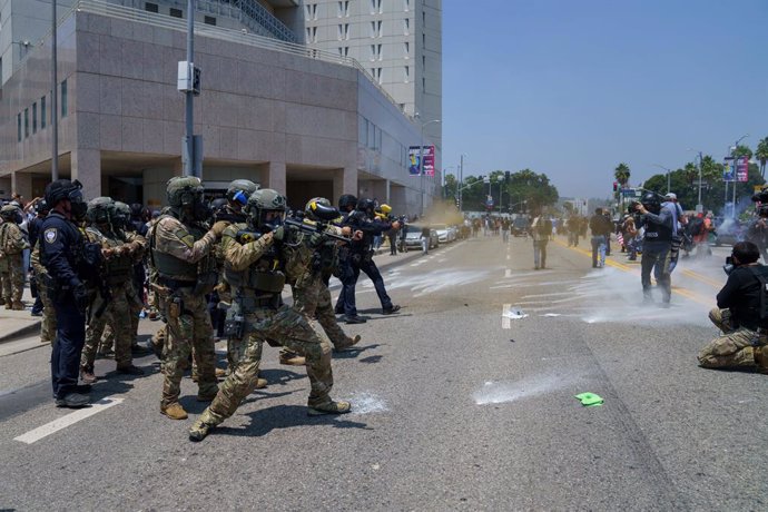 June 8, 2025, Los Angeles, California, USA: Members of the California National Guard FIre Tear Gas and Rubber Bullets At Protesters
