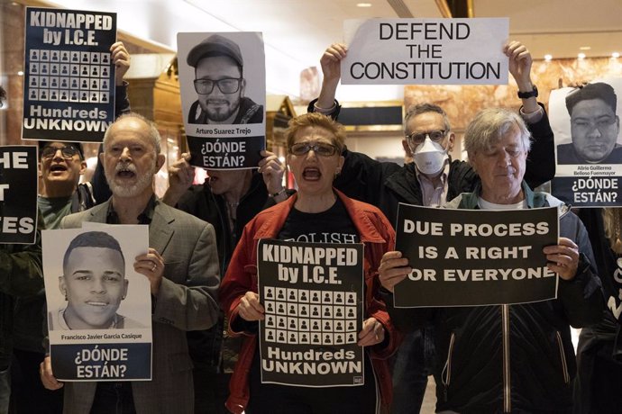 June 9, 2025, New York, New York, USA: Demonstrators with Rise and Resist occupy the lobby of Trump Tower on Fifth Ave to read aloud the names of Venezuelan men who were taken by U.S. Immigration and Customs Enforcement (I.C.E.) and sentÂ to CECOT prison 