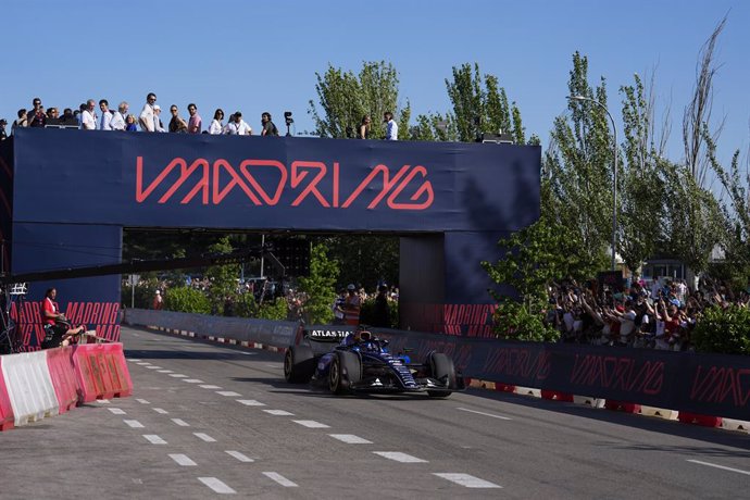 Carlos Sainz in action during an exhibition with Williams at the future Madring F1 circuit on June 07, 2025 in Madrid, Spain.