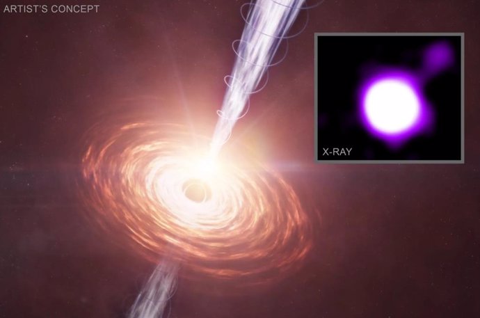 Un agujero negro ha expulsado un chorro sorprendentemente potente en el universo distante, según un estudio del Observatorio de rayos X Chandra de la NASA.