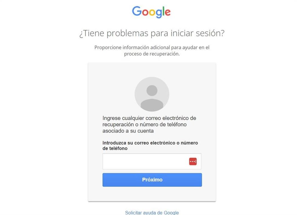 Formulario de recuperación de cuenta de Google.