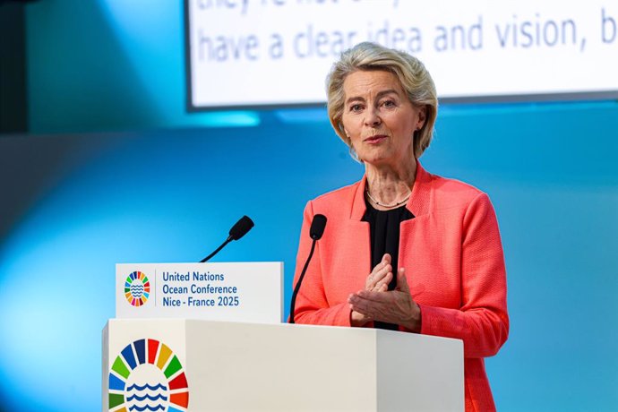09 June 2025, France, Nice: EU Commission President Ursula von der Leyen, at Ocean Action Panel 1 on the sidelines of the third United Nations Ocean Conference (UNOC3)in Nice, where leading politicians, researchers and activists discuss the protection of 