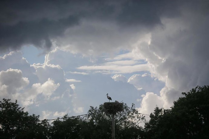 Archivo - La nubes negras cubren un cielo despejado. Imagen de archivo. 