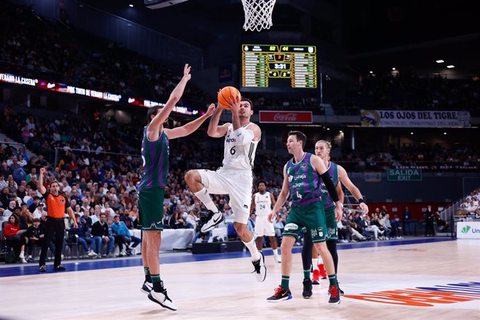 Archivo - Alberto Abalde Diaz of Real Madrid in action during the Spanish League, Liga ACB Endesa, basketball match played between Real Madrid and Unicaja at WiZink Center on December 8, 2024, in Madrid, Spain.