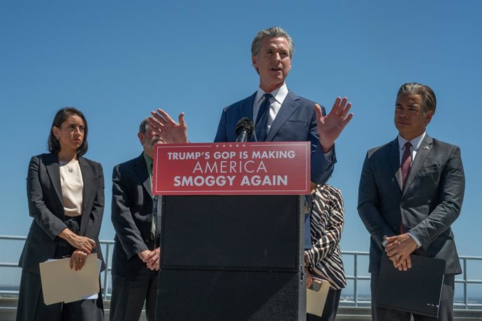 May 22, 2025, Sacramento, Ca: Governor Gavin Newsom, speaks as Attorney General Rob Bonta, right, listens as they responded to a planned U.S. Senate vote on the state's clean air policies at a press conference at CalEPA Headquarters  on Thursday, May 22, 