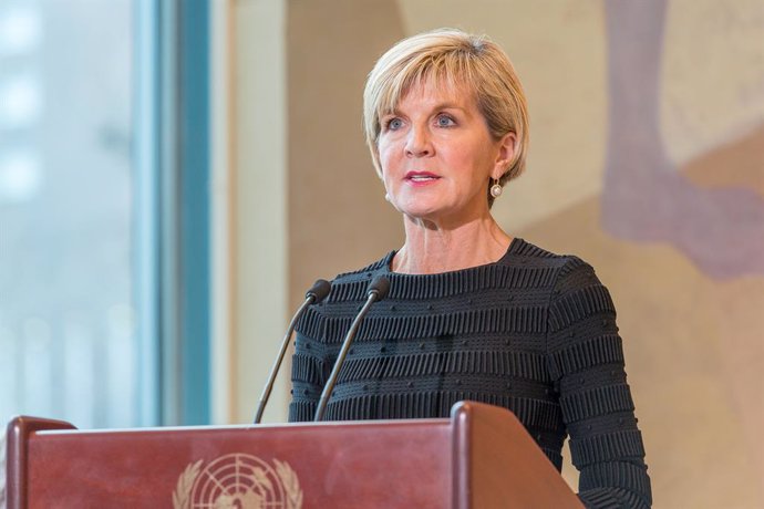 Archivo - March 6, 2018 - New York, NY, United States - Julie Bishop is seen offering remarks after signing the treaty.  Deputy Minister of the Prime Minister for the Delimitation of Borders for Timor-Leste Agio Pereira and Australian Minister for Foreign