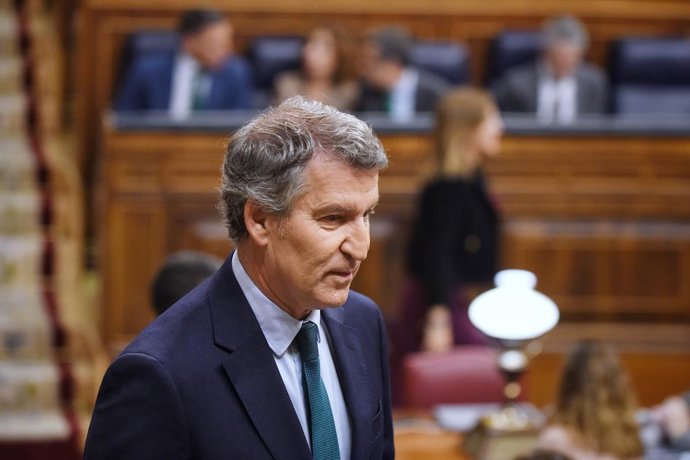 O líder da oposição e presidente do PP, Alberto Núñez Feijóo, durante uma sessão de controle do governo, no Congresso dos Deputados, em 21 de maio de 2025, em Madri (Espanha). Durante a sessão de controle, os grupos parlamentares PP e VOX, têm