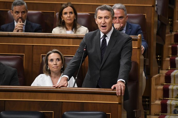 O Presidente do Partido Popular, Alberto Núñez Feijóo, fala durante uma sessão de controle do governo no Congresso dos Deputados, em 11 de junho de 2025, em Madri (Espanha). O Presidente do Governo participa de sua primeira sessão de controle governamenta