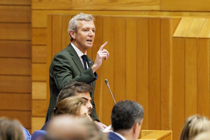 O presidente da Xunta de Galicia, Alfonso Rueda, responde a perguntas da oposição no Parlamento da Galícia.