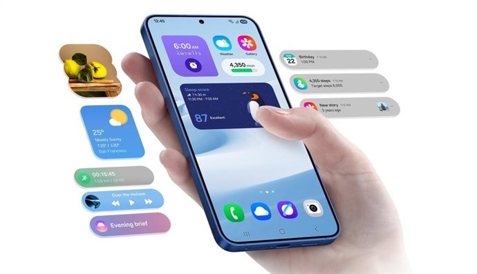 Interfaz de un dispositivo móvil Galaxy S25 con distintos servicios digitales