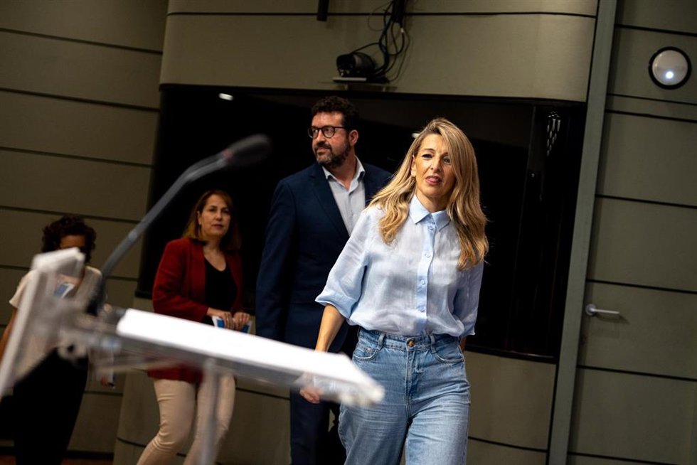 La vicepresidenta segunda del Gobierno y ministra de Trabajo y Economía Social, Yolanda Díaz, durante la presentación de la campaña de la Inspección de Trabajo y Seguridad Social (ITSS) y las informaciones preventivas del Instituto Nacional de Seguridad
