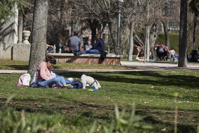 Archivo - Una chica y su perro sentados bajo un árbol en el Parque del Retiro
