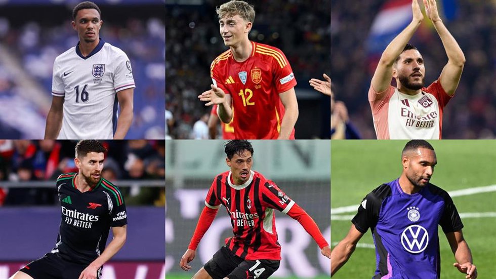 Los jugadores del Real Madrid Alexander-Arnold y Dean Huijsen (arriba izquierda y centro), del Manchester City Rayan Cherki (arriba derecha) y Tijjani Reijnders (centro abajo), del Flamengo Jorginho (izquierda abajo), y del Bayern Jonathan Tah.