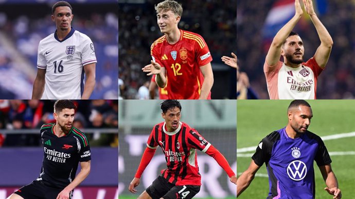 Los jugadores del Real Madrid Alexander-Arnold y Dean Huijsen (arriba izquierda y centro), del Manchester City Rayan Cherki (arriba derecha) y Tijjani Reijnders (centro abajo), del Flamengo Jorginho (izquierda abajo), y del Bayern Jonathan Tah.