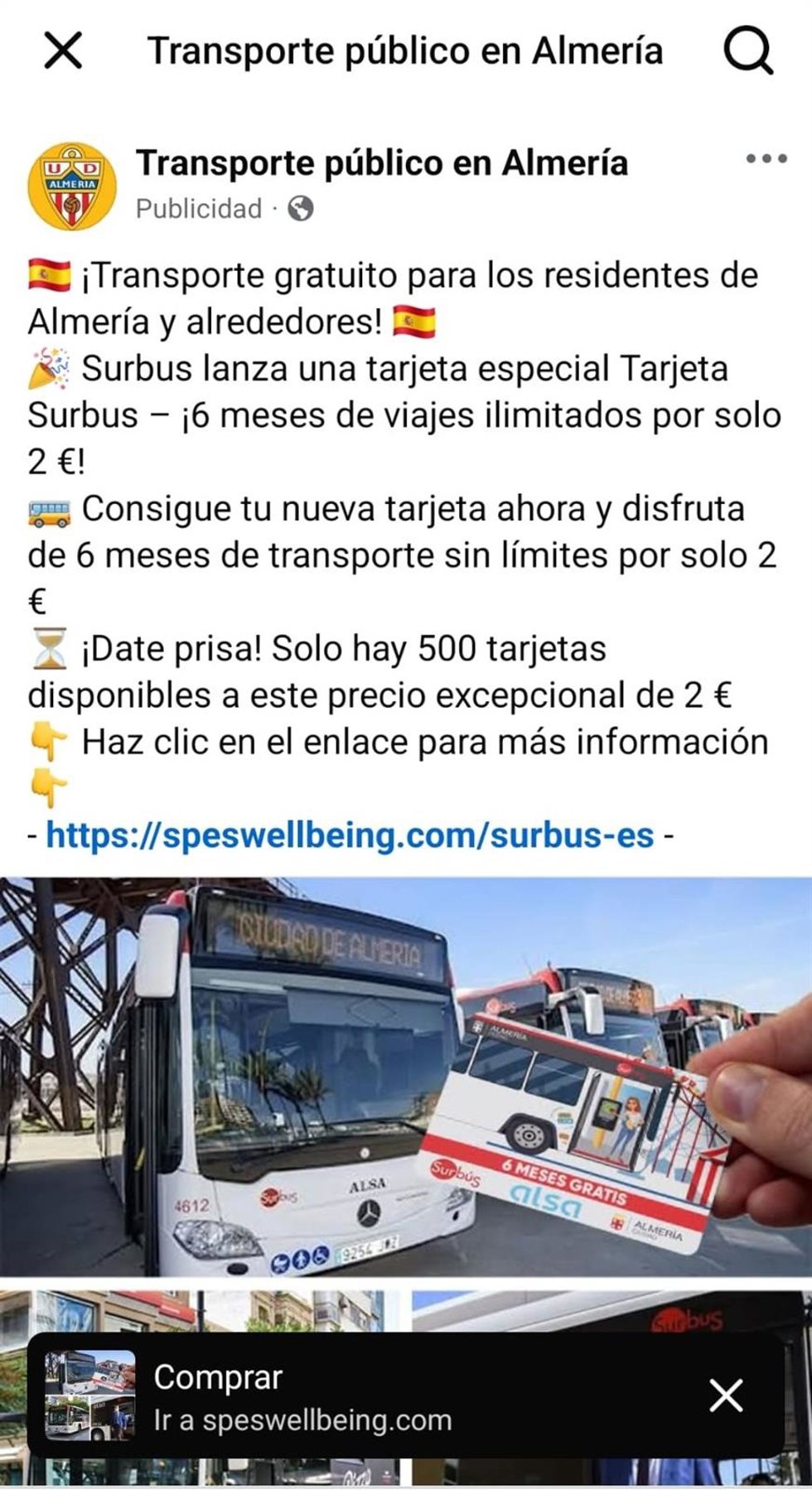 Captura del perfil en redes que ofrece tarjetas de descuento para Surbús, en Almería.
