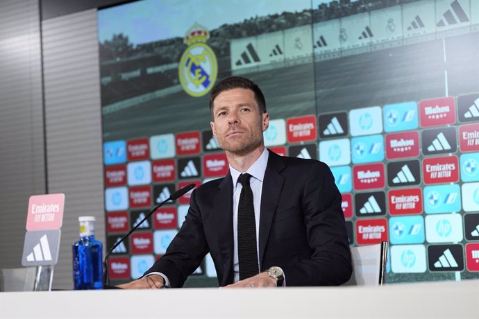 Xabi Alonso attends the press conference during his presentation as new head coach of Real Madrid at Ciudad Deportiva Real Madrid on May 26, 2025, in Valdebebas, Madrid, Spain.