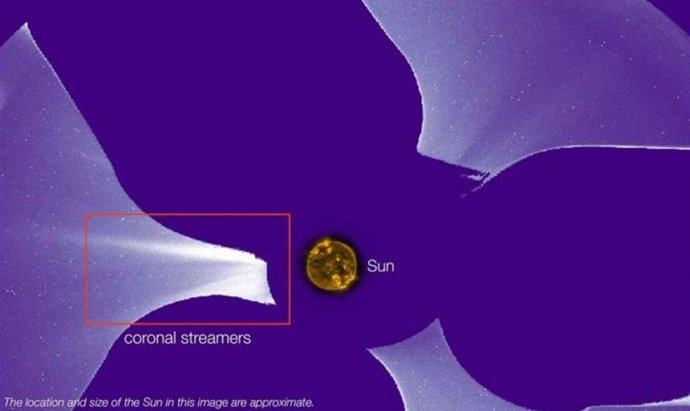 O Sol irradia continuamente material na forma de vento solar. O campo magnético do Sol molda esse material, às vezes criando formações fluidas, semelhantes a relâmpagos, chamadas de correntes coronais.
