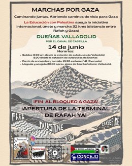 Cartel de la marcha por Gaza que se celebrará este sábado, 14 de junio, entre Dueñas y Valladolid