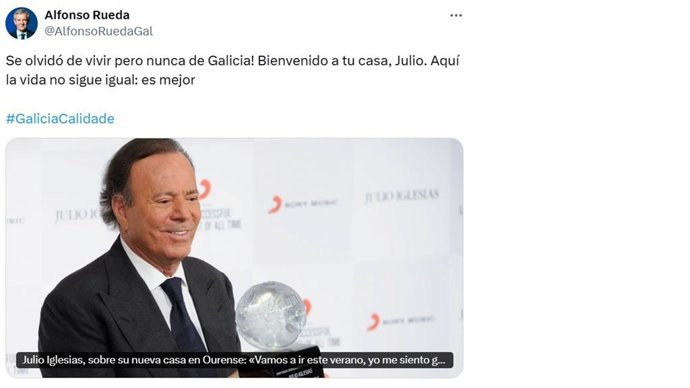Mensaxe publicada polo presidente da Xunta, Alfonso Rueda, na rede social 'X', no que dá a "benvida" a Galicia a Julio Iglesias após transcender que adquiriu unha casa en Ourense