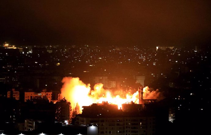 BEIRUT, June 6, 2025  -- Fire flares following an airstrike launched by the Israeli military in the southern suburb of Beirut, Lebanon on June 5, 2025.   The Israeli military launched airstrikes Thursday evening on buildings in several areas of Beirut's s