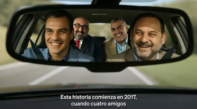 Imagem gerada por meio de Inteligência Artificial (IA) pelo Partido Popular mostrando Pedro Sánchez, José Luis Ábalos, Koldo García e Santos Cerdán dentro de um carro.