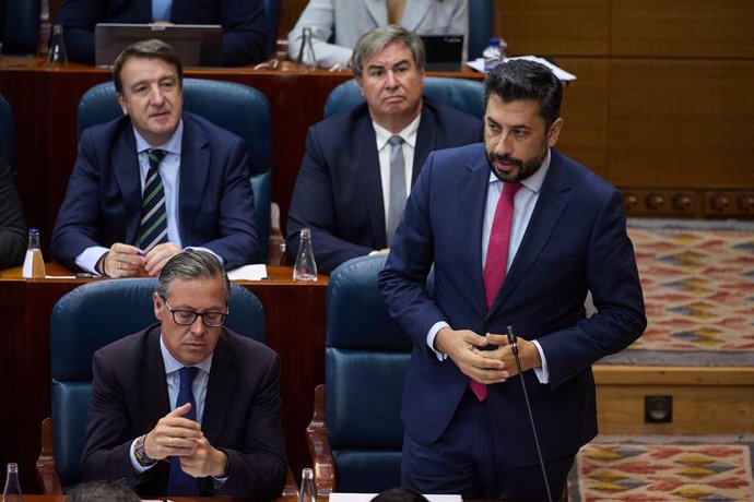 El portavoz del PP en la Asamblea de Madrid, Carlos Díaz-Pache, interviene durante una sesión plenaria en la Asamblea de Madrid, a 5 de junio de 2025, en Madrid (España).