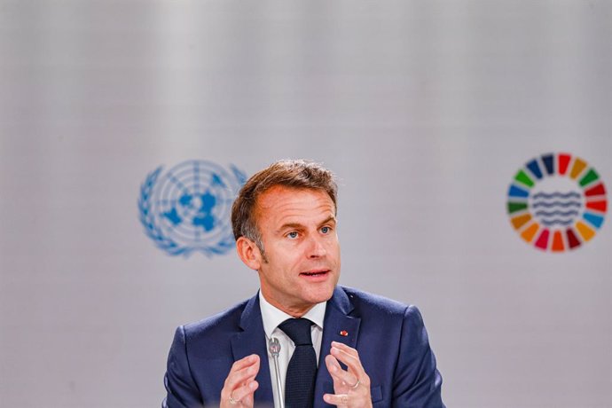 June 9, 2025, Nice, France, France: President of France, EMMANUEL MACRON, speaks at the opening of the Third United Nations Ocean Conference (UNOC3) in Nice, co-hosted by France and Costa Rica. The conference focuses on ocean health, maritime law, and con