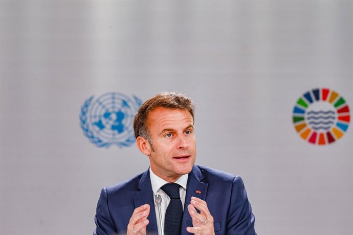 9 de junho de 2025, Nice, França, França: O Presidente da França, EMMANUEL MACRON, discursa na abertura da Terceira Conferência das Nações Unidas sobre os Oceanos (UNOC3) em Nice, co-organizada pela França e Costa Rica. A conferência se concentra na saúde