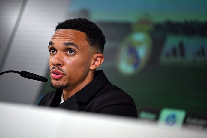 12 June 2025, Spain, Madrid: Real Madrid's Trent Alexander-Arnold speaks during his presentation press conference at Real Madrid City. Photo: Borja Hojas/PA Wire/dpa