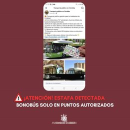 Cartel de la alerta de la estafa relacionada con la venta de tarjetas bonobús de Aucorsa.