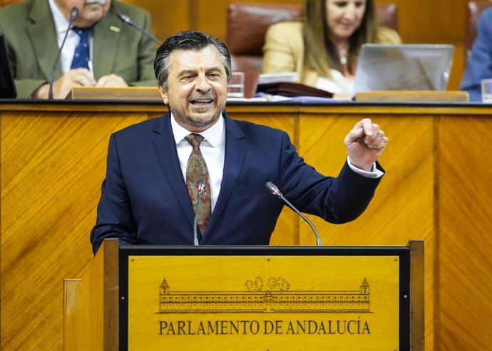 El portavoz del Grupo Popular, Toni Martín, este jueves en el Pleno del Parlamento durante su intervención.