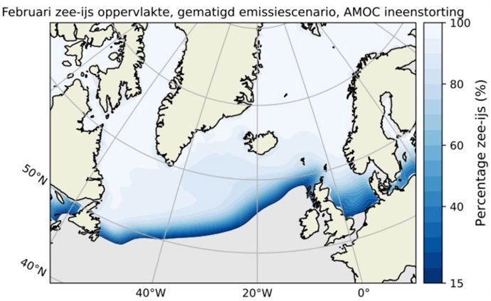 En un escenario de emisiones moderadas y un cierre de la AMOC, el hielo marino podría extenderse mucho más al sur en invierno.