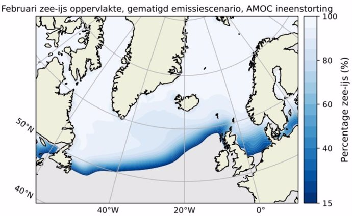 En un escenario de emisiones moderadas y un cierre de la AMOC, el hielo marino podría extenderse mucho más al sur en invierno.